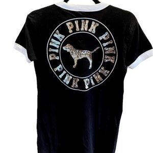 EUC PINK Sequin Short Sleeve Tee Black Silver XS